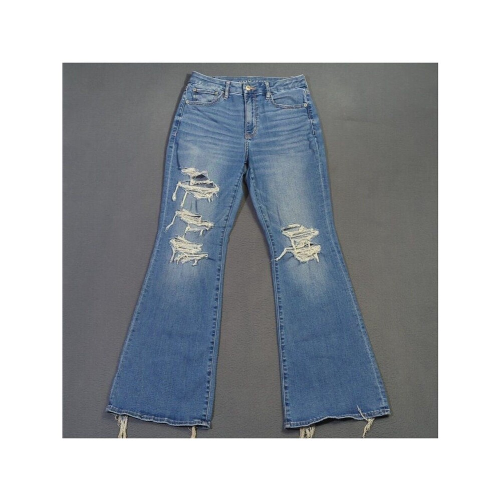 American Eagle Jeans Women's 6 Blue Curvy Super High Rise Flare Distressed